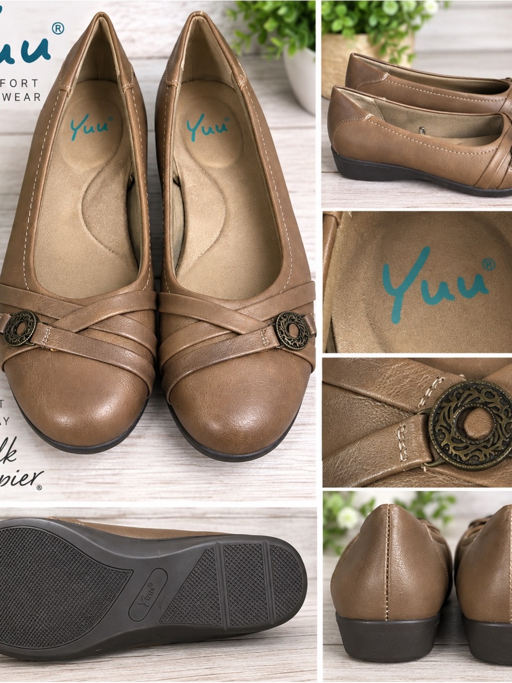 Yuu Tan Slip-On Comfort Flats with Decorative Medallion